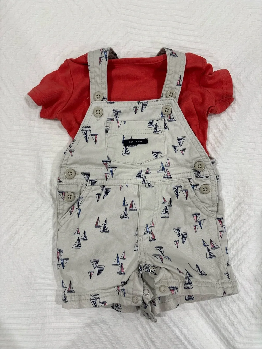 Nautica Red Tee with Nautica Sailboat Print Overalls - Kids